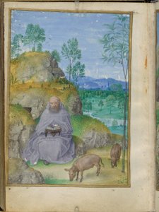 Sint Antonius abt in de woestijn, miniatuur uit de Emerson-Witte Uren. door Master of the Houghton Miniatures