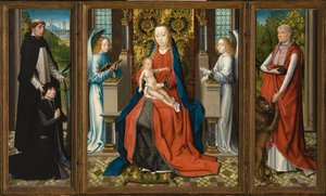 Drieluik van Madonna en kind met engelen; schenker en zijn beschermheilige Sint Peter Martyr; en Sint Jerome door Master of the Legend of Saint Lucy