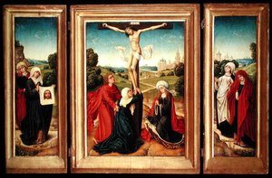 Drieluik met het centrale paneel dat de Kruisiging met de Maagd, St. Johannes en Maria Magdalena afbeeldt; de linker vleugel: St. Veronica en een vrouwelijke heilige; en de rechter vleugel: De Twee Maria