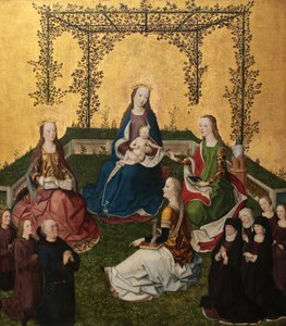 Madonna met Kind in rozenprieel (Maria mit dem Kind in der Rosenlaube), ca. 1470 door Master of the Life of Virgin Mary