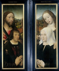Twee Vleugels van een Drieluik met de Schenker, Thomas Isaacq, vergezeld door Sint Thomas (links, buitenvleugel), en de Vrouw van de Schenker vergezeld door Sint Margaretha (rechts, buitenvleugel) door Master of the Magdalen Legend