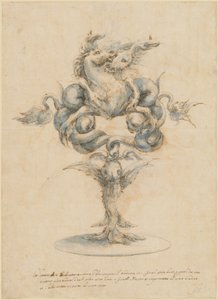 Een wijnkaraf met twee vechtende zeepaarden door Master of the Medici Banquet Decanters