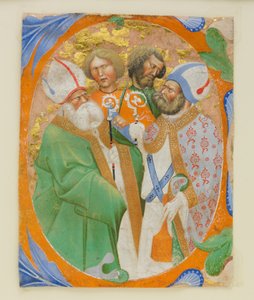 Manuscriptverlichting met vier heiligen in een initiaal O, uit een koorboek, 1440-50
