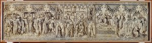 Het altaar van Narbonne: Christus gevangen genomen, bespot, doornenkroon, kruisiging, graflegging, wederopstanding ... door Master of the Parement of Narbonne