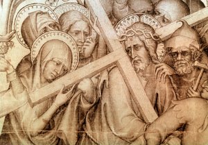 Het parement van Narbonne: de Christus die zijn kruis draagt door Master of the Parement of Narbonne
