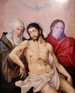 Het lichaam van Jezus vastgehouden door Maria en Johannes