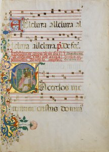 Manuscriptblad met de viering van een mis in een initiaal S..., tweede helft 15e eeuw