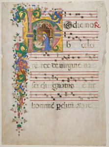 Manuscriptblad met de Geboorte in een Initiaal H, uit een Antifonarium, tweede helft 15e eeuw