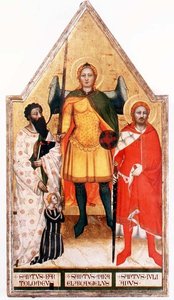 St. Michaël de Aartsengel met St. Bartholomeus en St. Julianus door Master of the Rinuccini Chapel