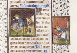 Ms 62 f.215r St. Eligius maakt een schrijn; St. Eligius bij een aambeeld, uit een getijdenboek