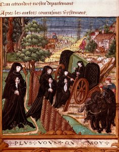 Voorstelling van de koningin van Navarra Margarita van Angoulême (1492-1549) omringd door haar hofdames die aan boord gaan van een koets voor een wandeling
