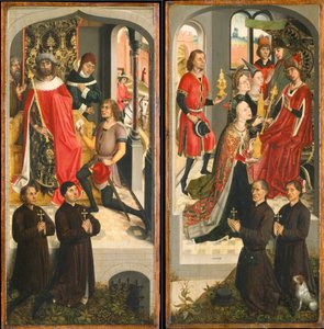 Abners boodschapper voor David, De koningin van Sheba brengt geschenken aan Salomo, ca. 1480 door Master of the Saint Barbara Legend