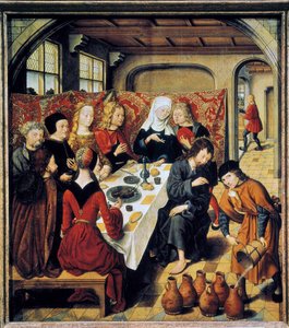 ""Les noces de Cana"" Schilderij van de meester van het altaar van Sint Barthelemy (16e eeuw) (ec.flam.) Laeken. Koninklijke Musea voor Schone Kunsten