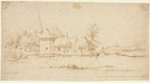 Landschap met een ommuurd dorp door Master of the Small Landscapes