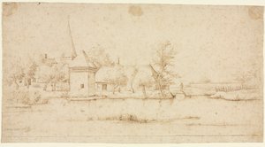 Landschap met een ommuurd dorp door Master of the Small Landscapes