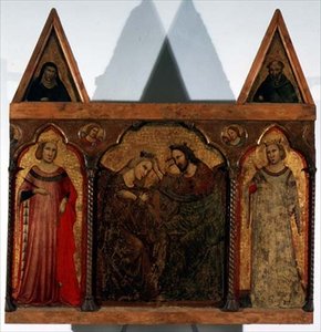 Drieluik: Kroning van de Maagd geflankeerd door twee heiligen door Master of the Urbino Coronation