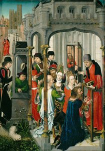 De prediking van Sint Gery, "de pastorale preek", met de kerk van Sint Gudule op de achtergrond ... door Master of the View of Saint Gudula