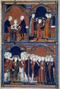 Orde van de wijding en kroning van de koningen van Frankrijk: De koning van de tuniek, de mantel en de kroon waarop alle edelen hun handen leggen; de boog omarmt hem