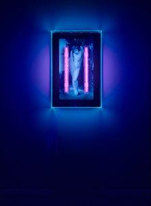 Ultraviolette Engel, 2008 (Ultraviolette inkt op plexiglas doos, 2 ultraviolette neonlichten) door Mat Collishaw