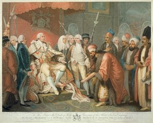 Zijne Majesteit en Staatsambtenaren Ontvangen de Turkse Ambassadeur en Gevolg, gegraveerd door Daniel Orme, uitgegeven door Edward Orme, 1797 door Mather Brown