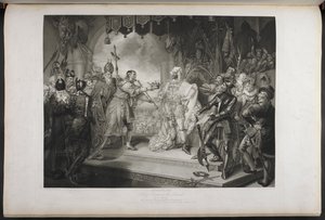Koning Richard de tweede. Act IV. Scene I. Koning Richard, Bolingbroke, York, Aumerle, enz. In het parlementsgebouw, c.1803 (gravure) door Mather Brown
