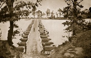 Pontonbrug bij Deep Bottom aan de James door Mathew B. Brady