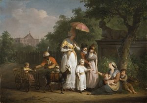 Une famille noble distribue des aumones dans un parc