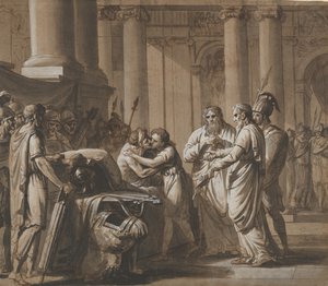 Scène uit de Romeinse geschiedenis, een jongeling ontvangt wapenrusting van een stervende door Mathieu Van Brée