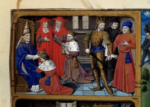 Scènes uit het leven van Karel de Grote (742-814) Koning van de Franken: de kroning door Paus Leo III. Miniatuur uit het manuscript “Speculum historiale” (Le Mirror historial) door Vincent de Beauvais (1184/94-1264) verlucht door Meester Francois door Maître François