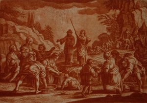 De Israëlieten verzamelen manna, illustratie uit een Bijbel, gegraveerd door Gabriel Bodeneer (1673-1766) (sepia gravure)