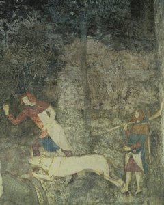 Mannen jagen met honden, detail van decoratief schema uit La Chambre du Cerf door Matteo Giovanetti