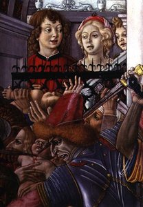 De Kindermoord, detail (twee toeschouwers die het bloedbad vanuit het paleis observeren) door Matteo di Giovanni di Bartolo