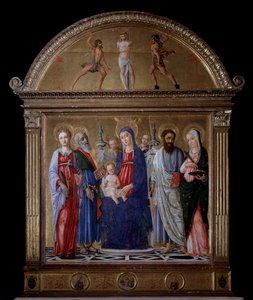 Maagd met kind en St. Bartholomeus, St. Catharina, St. Lucia en St. Mattheüs - Altaarstuk door Matteo di Giovanni di Bartolo
