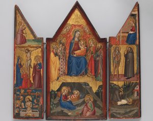 Madonna en Kind op de Troon met Heiligen..., en hieronder de Geboorte..., ca. 1380-90 door Matteo di Pacino