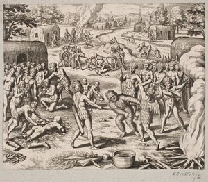 Wanneer ze een van hun vijanden vangen, worden ze op barbaarse en onmenselijke wijze geëxecuteerd en opgegeten door Matthäus Merian d.Æ.