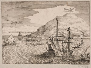 Over de landing van de Nederlanders op Cocos-eiland door Matthäus Merian d.Æ.