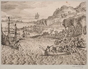 Over de landing van de Nederlanders op het bodemloze eiland door Matthäus Merian d.Æ.