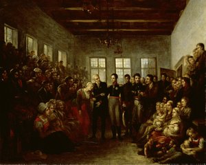 De Prins van Oranje bezoekt overstromingsslachtoffers in het Aalmoezeniersweeshuis, Amsterdam, op 14 februari 1825 door Mattheus Ignatius van Bree