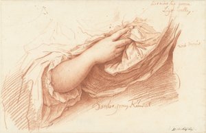 Studie van een rechterarm en hand op een wijde mouw