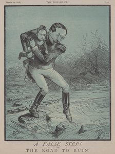 Een Verkeerde Stap! of, De Weg naar de Ondergang (kleur litho) door Matthew