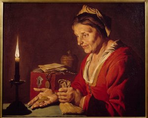 Hebzucht - Een oude vrouw kijkt naar haar goudstukken, die ze net uit haar schuilplaats heeft gehaald, bij het licht van een kaars door Matthias (c.1600 p.1650) Stomer