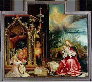 Het Isenheim Altaarstuk. Centraal paneel: Concert van Engelen en Geboorte, 1506-1515 door Matthias Grünewald