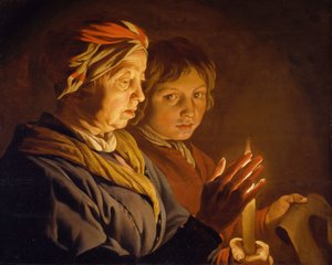 Oude Vrouw en een Jongen bij Kaarslicht, 1630-1650
