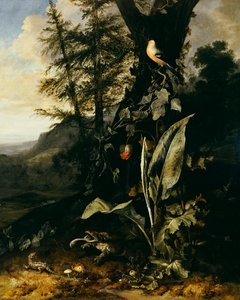 Een bosbodem met een pad en een hagedis, een goudvink op een klimop tak erboven, en een berg op de achtergrond door Matthias Withoos
