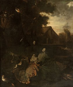 Stilleven van bosbodem met een vink, zwaluw, andere vogels en vlinders, landschap met een boerderij op de achtergrond