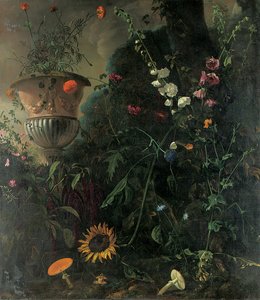 Stokrozen, rozen, een blauwe kantbloem, zonnebloem en paddestoelen, met goudsbloemen in een urn bij een boom door Matthias Withoos