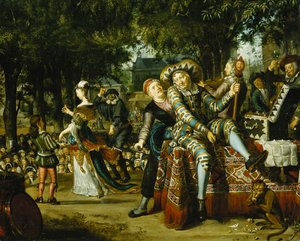Een groep acteurs die voor een menigte optreedt door Matthys Naiveu