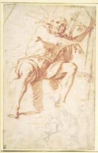 St. Johannes de Doper zittend, en een studie voor St. Johannes de Doper met twee apostelen door Mattia Preti