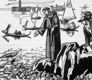 St. Franciscus van Assisi preekt voor vissen in Rimini, gegraveerd door Jacques Beltrand naar een tekening van Maurice Denis door Maurice (after) Denis