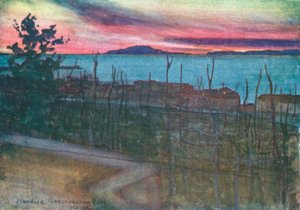 Ischia vanaf Castellamare, zonsondergang (kleurenlitho)